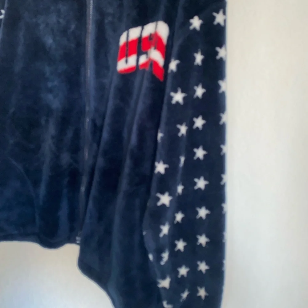 Vintage USA Logo Flag Patriotic Fleece Red White Blue Zip Up Graphic Jacket L